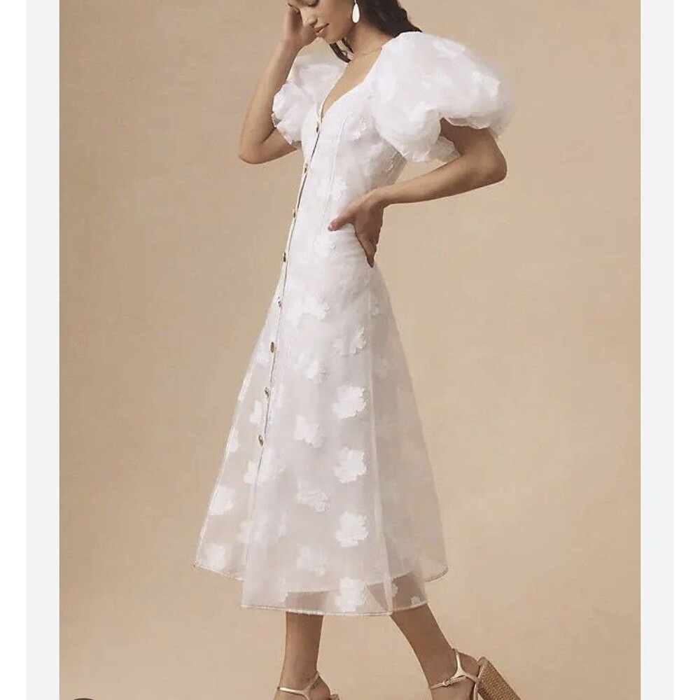 Anthropologie Let Me Be Midi Dress White Women S Puff Sleeve Bridal Graduation - Picture 5 of 17